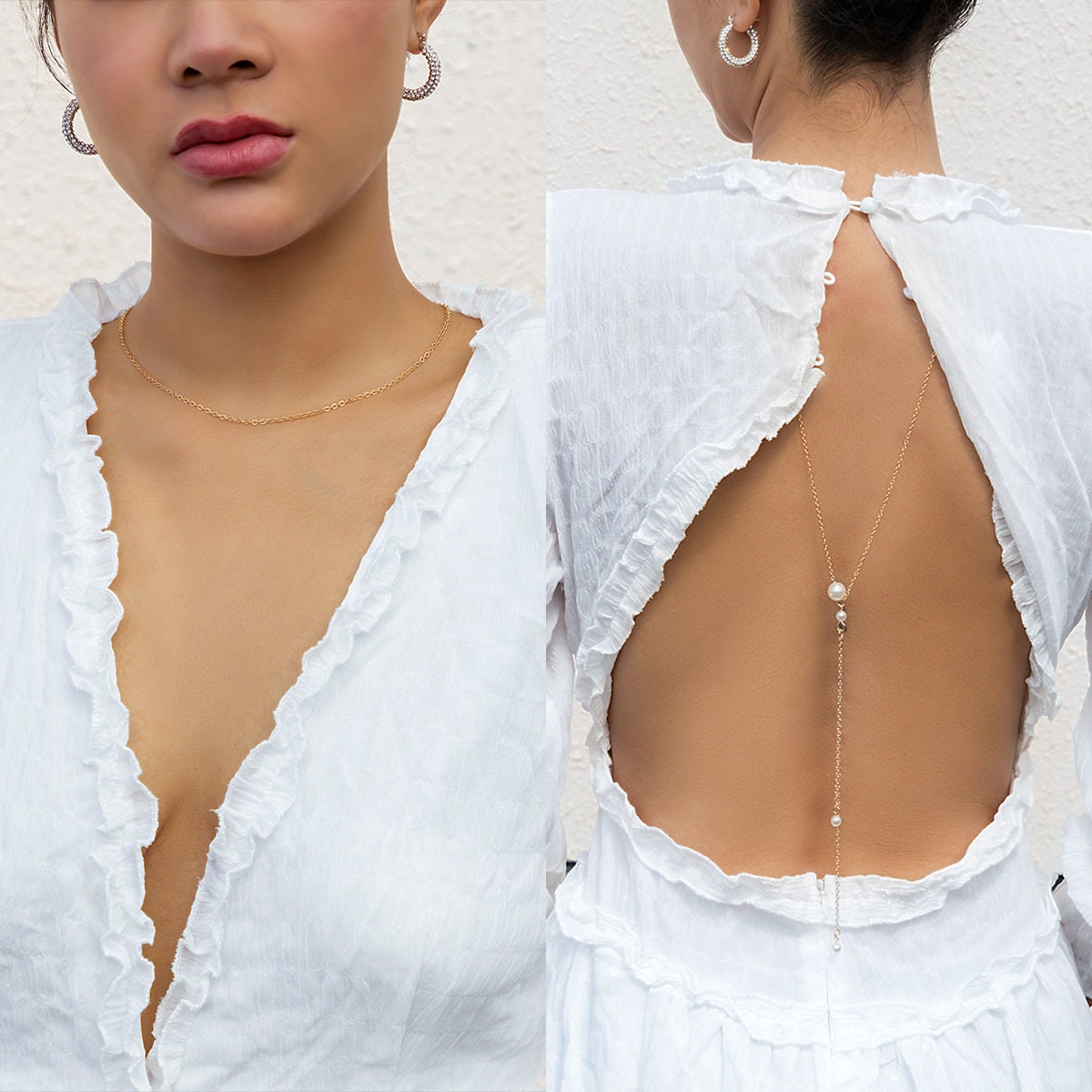Simple Pearl Back Chain | Summer Body Chain | Simple Y Necklace | Fine Backdrop Chain | Bridesmaid Backless
