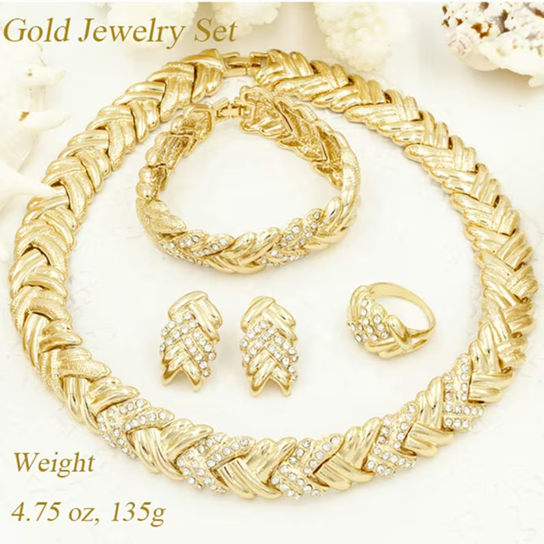 Gold Fashion Set Bridal Jewelry (4 in 1) | Gold Wedding Jewelry Set | Bracelet and Earrings Set | Bridal Jewelry Set | Bridesmaid Gift