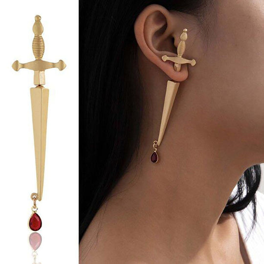 Gold/Silver Sword Dagger Earring – Bold Statement Jewelry with Gemstone Drop