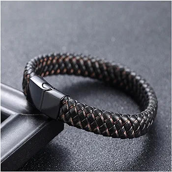 Men's Orange Braided Leather Bracelet – Steel Clasp European Style