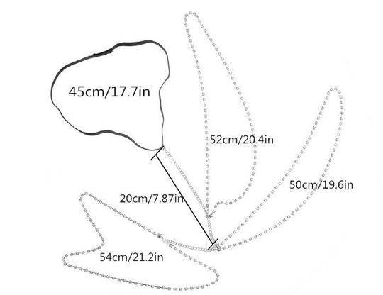 Measurement chart of a decorative item with dimensions labeled in centimeters and inches.