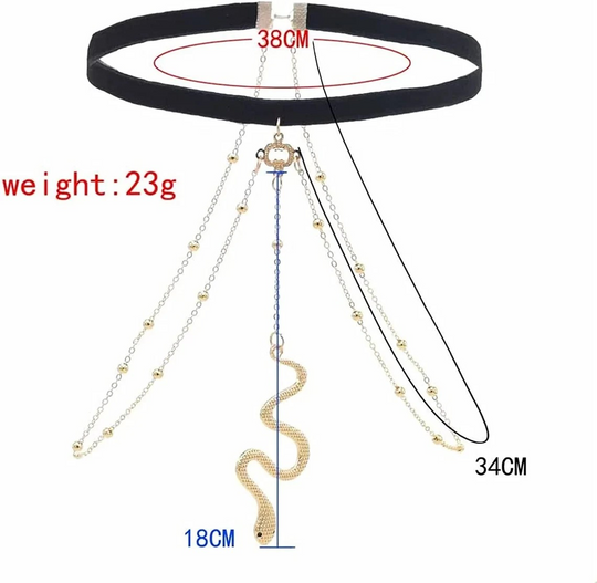 Black choker necklace with gold chain and snake design, showing measurements and weight on a white background.
