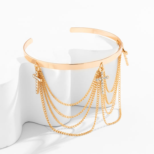 Cubic Zirconia Cross Tassel Arm Cuff - Elegant Chain Bracelet