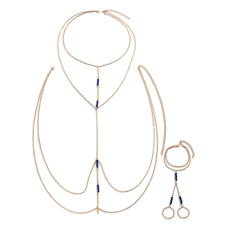 Gold Body Chain Set with Blue Beads – Elegant Layered Chest, Belly & Hand Jewelry