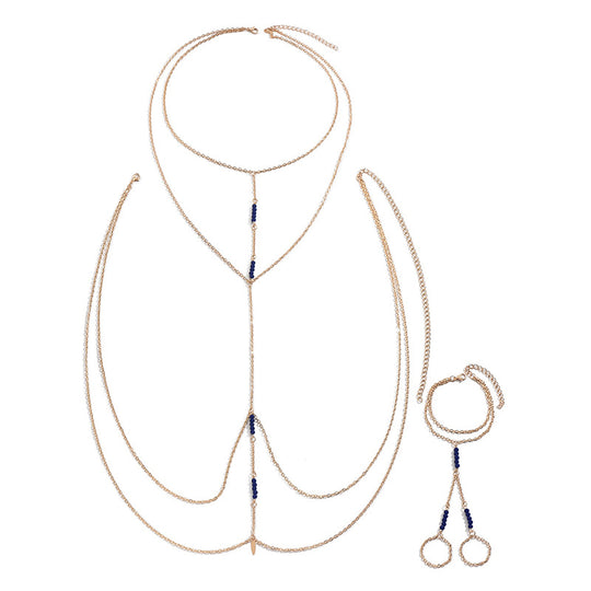 Gold Body Chain Set with Blue Beads – Elegant Layered Chest, Belly & Hand Jewelry