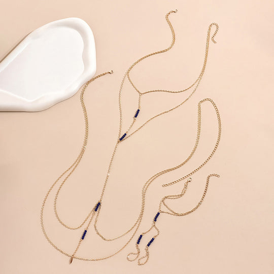 Gold Body Chain Set with Blue Beads – Elegant Layered Chest, Belly & Hand Jewelry