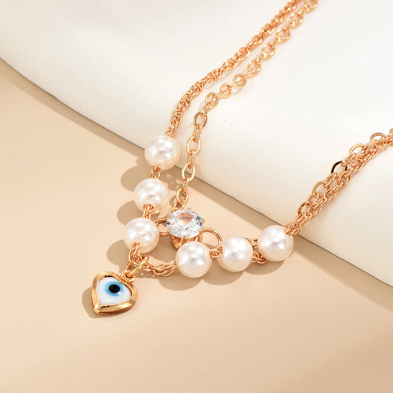 Gold Pearl Evil Eye Anklet - Double Layer Jewelry for Women