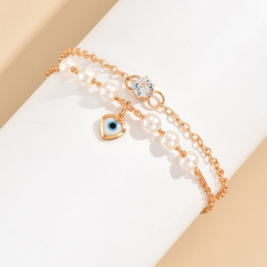 Gold Pearl Evil Eye Anklet - Double Layer Jewelry for Women