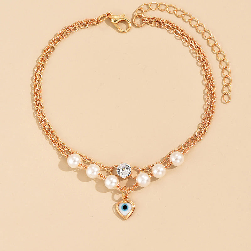 Gold Pearl Evil Eye Anklet - Double Layer Jewelry for Women