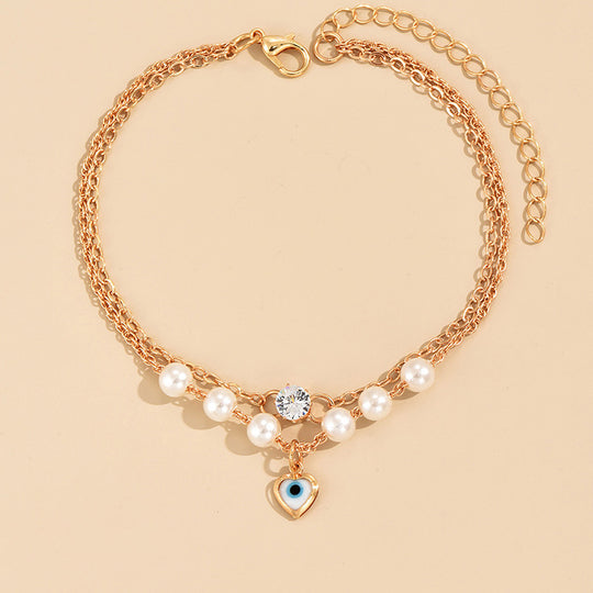 Gold Pearl Evil Eye Anklet - Double Layer Jewelry for Women