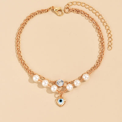 Gold Pearl Evil Eye Anklet – Double Layer Ankle Bracelet for Women