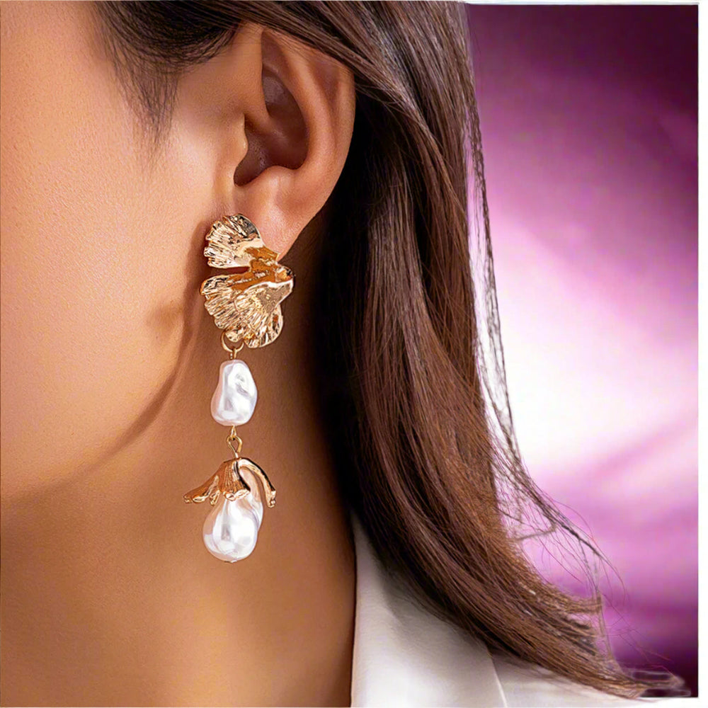 Gold Textured Leaf & Pearl Drop Earrings – Elegant Statement Jewelry