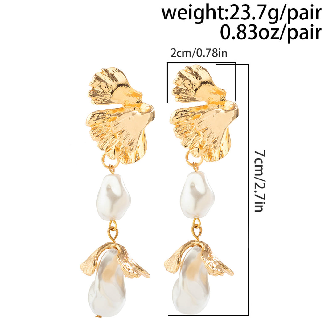 Gold Textured Leaf & Pearl Drop Earrings – Elegant Statement Jewelry