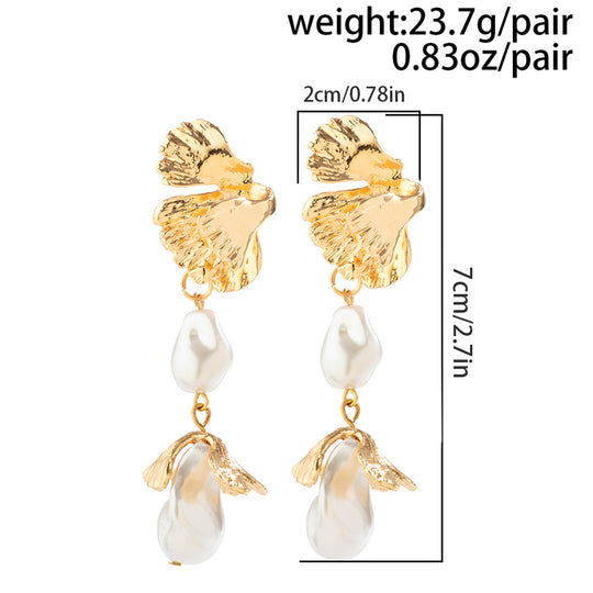 Gold Textured Leaf & Pearl Drop Earrings – Elegant Statement Jewelry