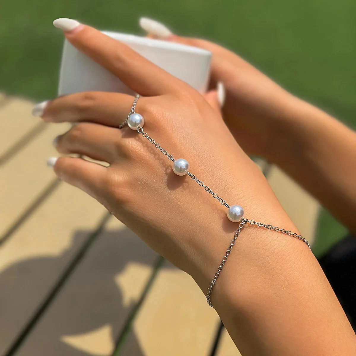 Gold & Silver Pearl Hand Chain Bracelet – Elegant Finger Harness Jewelry