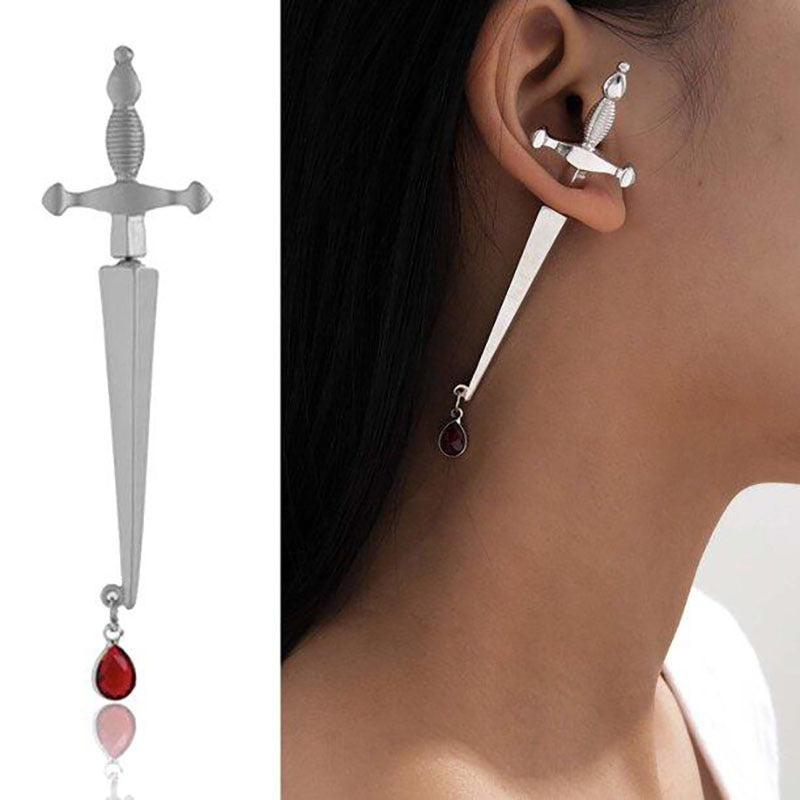 Gold/Silver Sword Dagger Earring – Bold Statement Jewelry with Gemstone Drop