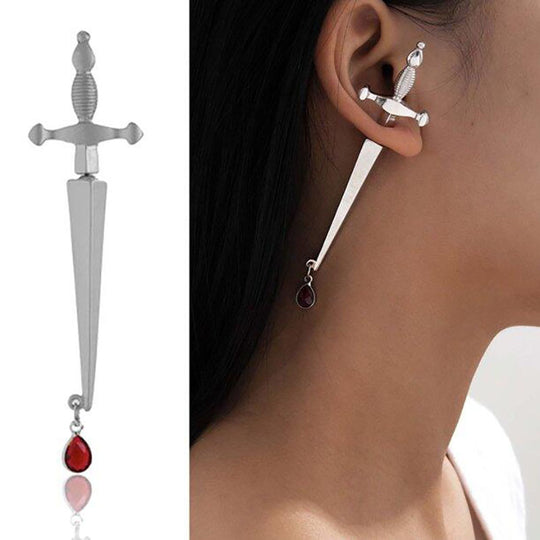 Gold/Silver Sword Dagger Earring – Bold Statement Jewelry with Gemstone Drop