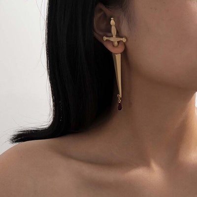 Gold/Silver Sword Dagger Earring – Bold Statement Jewelry with Gemstone Drop