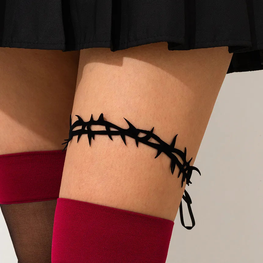 Gothic Thorn Thigh Garter - Black Spike Band with Ribbon Ties