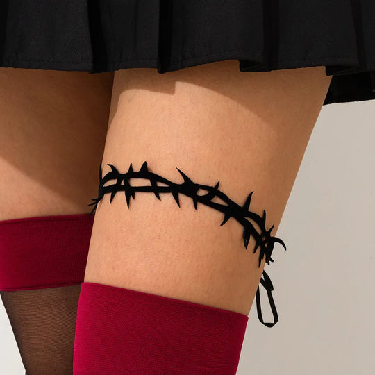 Gothic Thorn Thigh Garter - Black Spike Band with Ribbon Ties