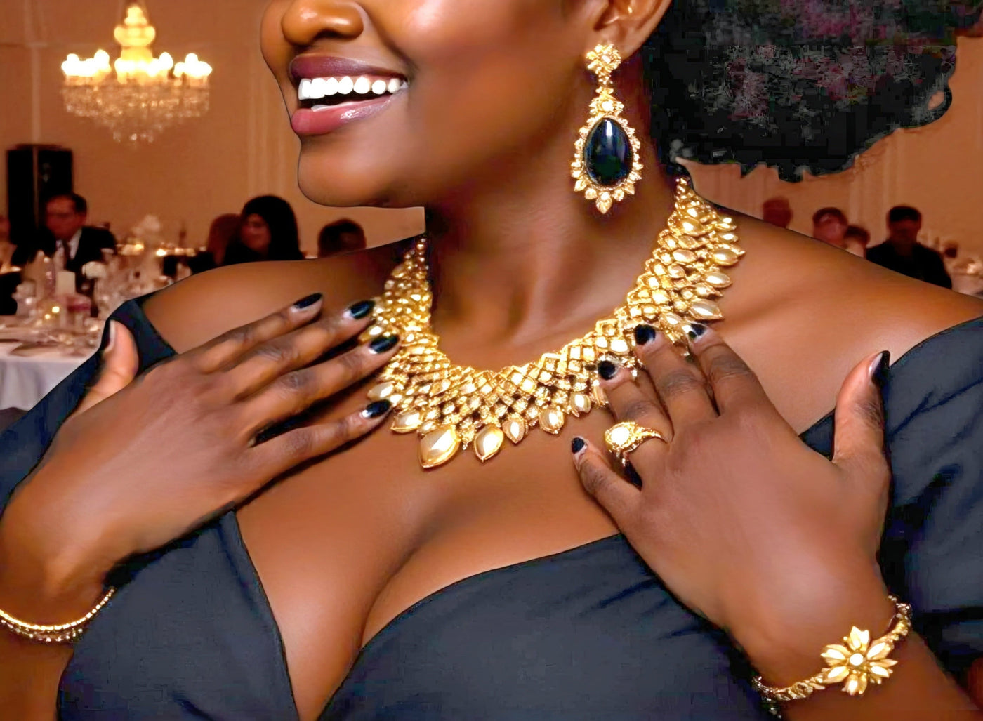 Woman wearing gold jewelry in a formal setting