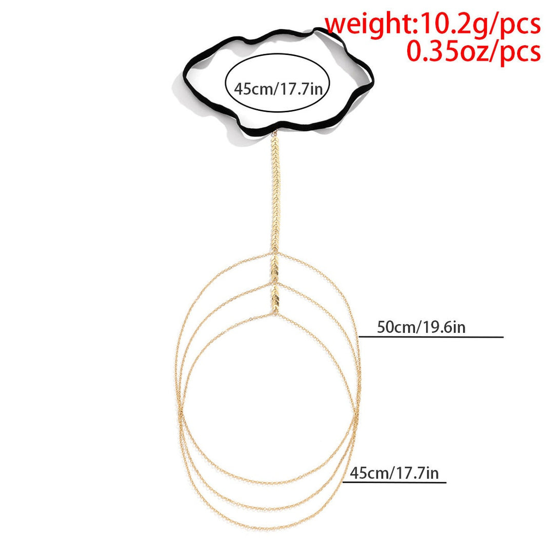 Gold necklace with measurements and weight information on a white background