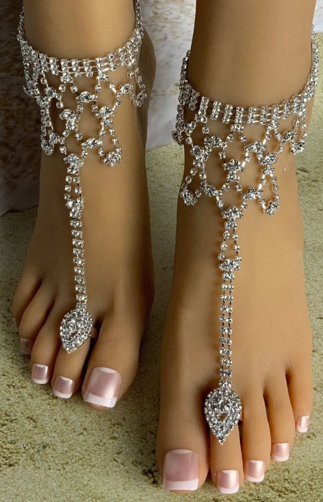 Flower Barefoot Bridal Jewelry Gift | Anklet Beaded Barefoot Sandals | Pearl Crystal Beach Wedding Barefoot | Footless Sandals | 1X PC