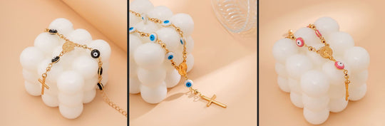 Cross Charm Evil Eye Bracelet – Beaded Pearl Protection Charm