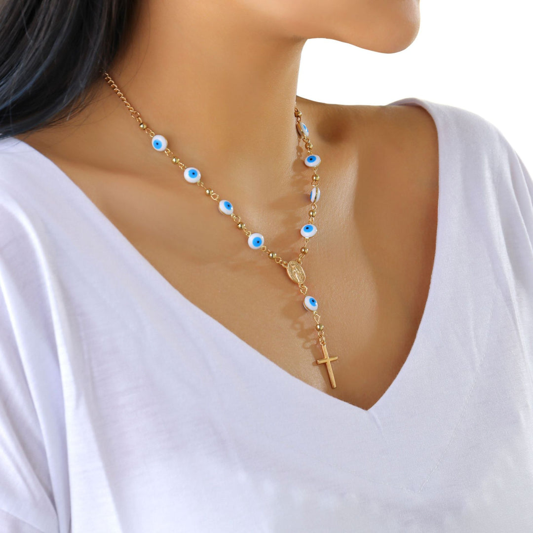 Chic Cross Pendant Evil Eye Necklace - Rose Quartz Protection Necklace