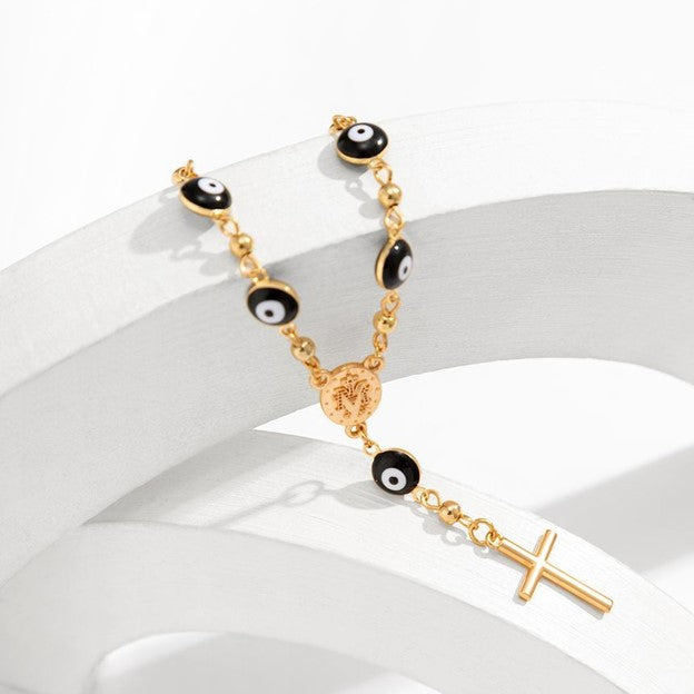 Chic Cross Pendant Evil Eye Necklace - Rose Quartz Protection Necklace