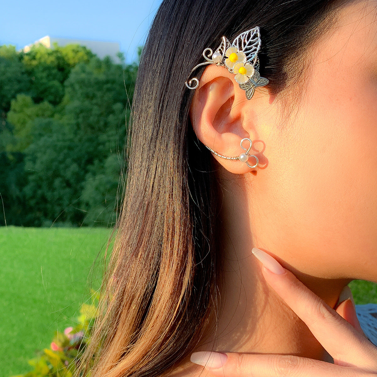 Chic Pearl Charm Floral Butterfly Ear Wrap Earring | Butterfly Tassel Style Zircon Earrings | Silver Plated Butterfly Wing Ear Cuff