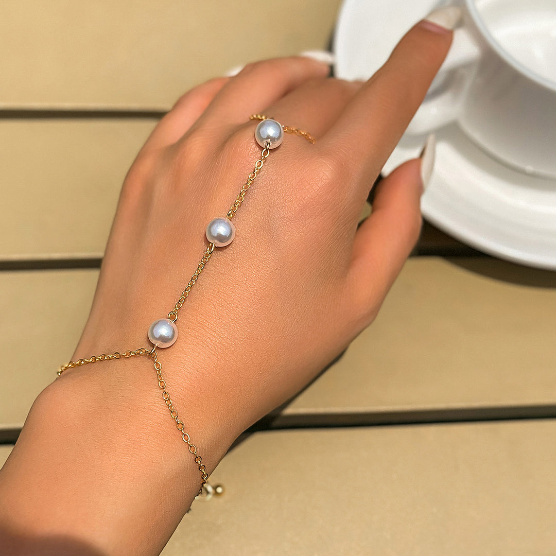 Gold & Silver Pearl Hand Chain Bracelet – Elegant Finger Harness Jewelry