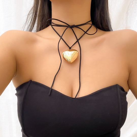 Goth Black Velvet Big Heart Pendant - Dainty Gold Silver Tone Heart Pendant