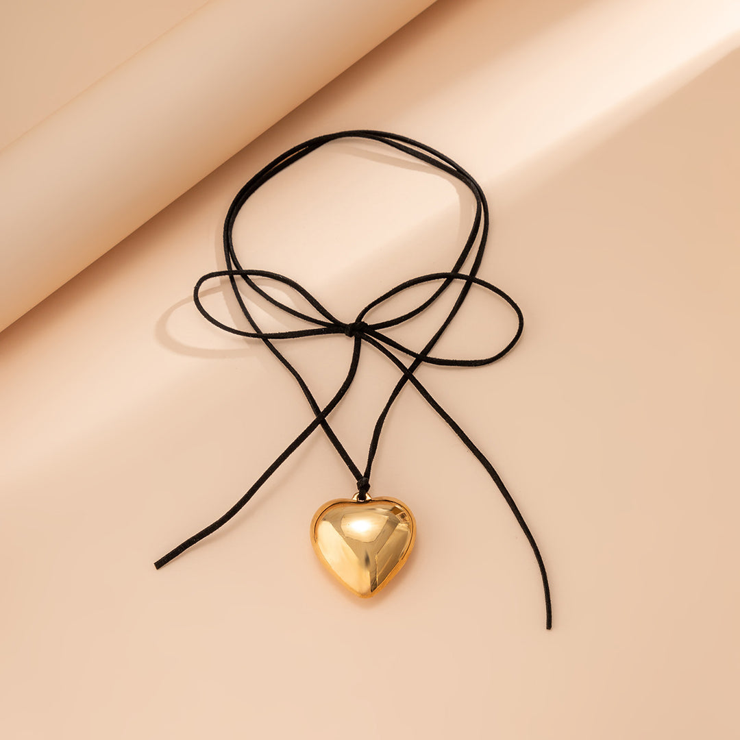 Goth Black Velvet Big Heart Pendant - Dainty Gold Silver Tone Heart Pendant