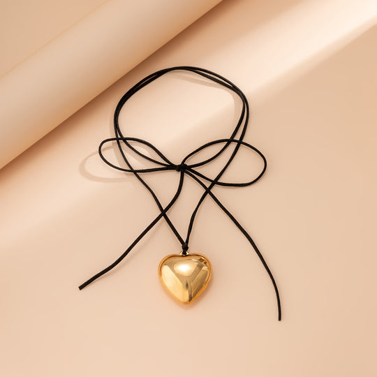 Goth Black Velvet Big Heart Pendant - Dainty Gold Silver Tone Heart Pendant