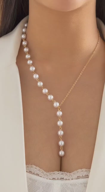 Boho Gold Plated Pearl Chain Y Necklace | Gold Pearl Necklace for Women | Gold Plated Chain Necklace | Pearl Chain Necklace for Women
