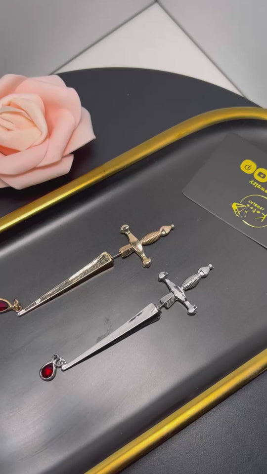 Gold/Silver Sword Dagger Earring – Bold Statement Jewelry with Gemstone Drop