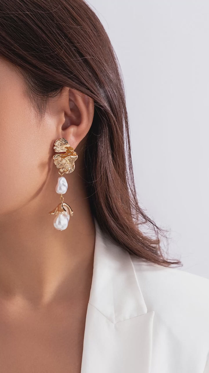 Gold Textured Leaf & Pearl Drop Earrings – Elegant Statement Jewelry