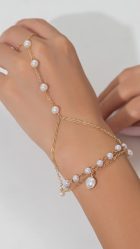 Gold Pearl Hand Chain Bracelet – Elegant Finger Harness Jewelry