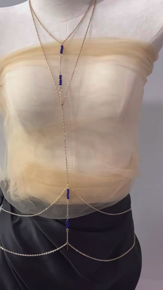 Gold Body Chain Set with Blue Beads – Elegant Layered Chest, Belly & Hand Jewelry