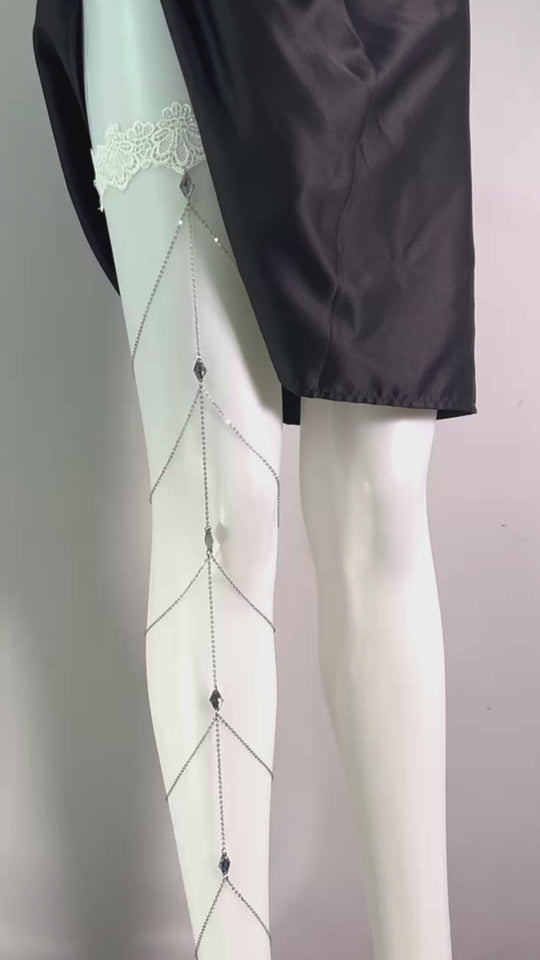Silver Crystal Full Leg Chain - White Lace Garter Body Jewelry