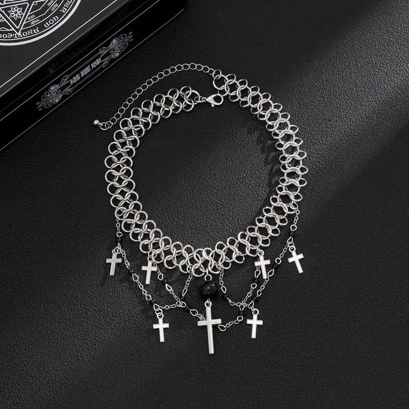 Punk Layered Cross Tassel Collar Choker Necklace | Women's Necklaces | Tassel Collar Choker Necklace | Cross Necklace | Gift for Her