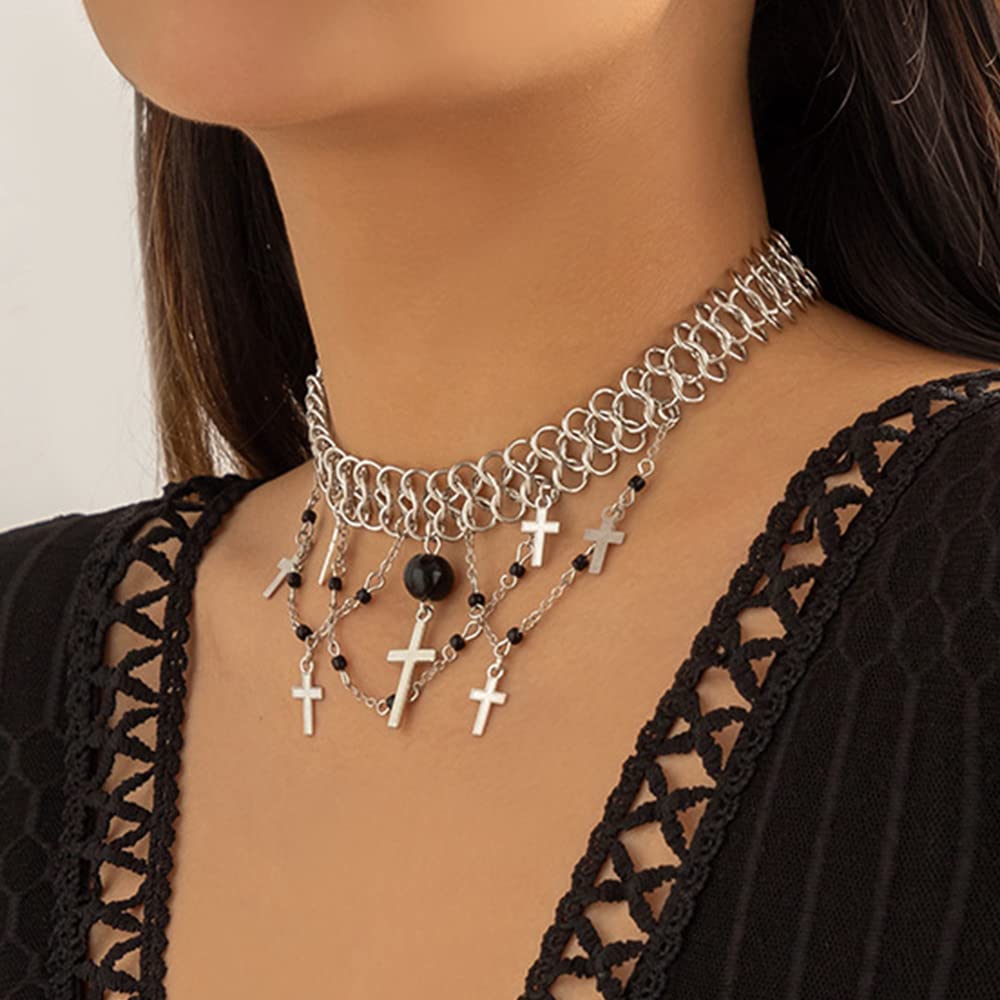 Punk Layered Cross Tassel Collar Choker Necklace | Women's Necklaces | Tassel Collar Choker Necklace | Cross Necklace | Gift for Her