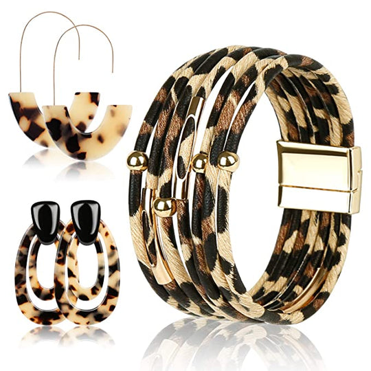 Leopard Bracelet & Earrings Set – 3 Piece Statement Jewelry
