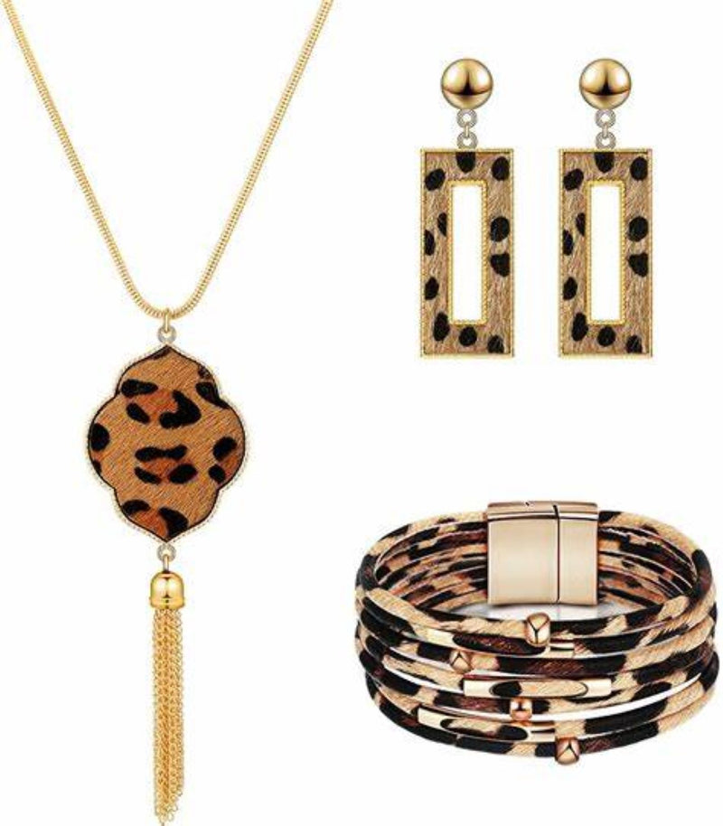 3 Pcs Leather Cuff Leopard Lozenge Shape Set | 3 Pieces Jewelry Set | Leather Heart Necklace | Necklace and Bracelet Set