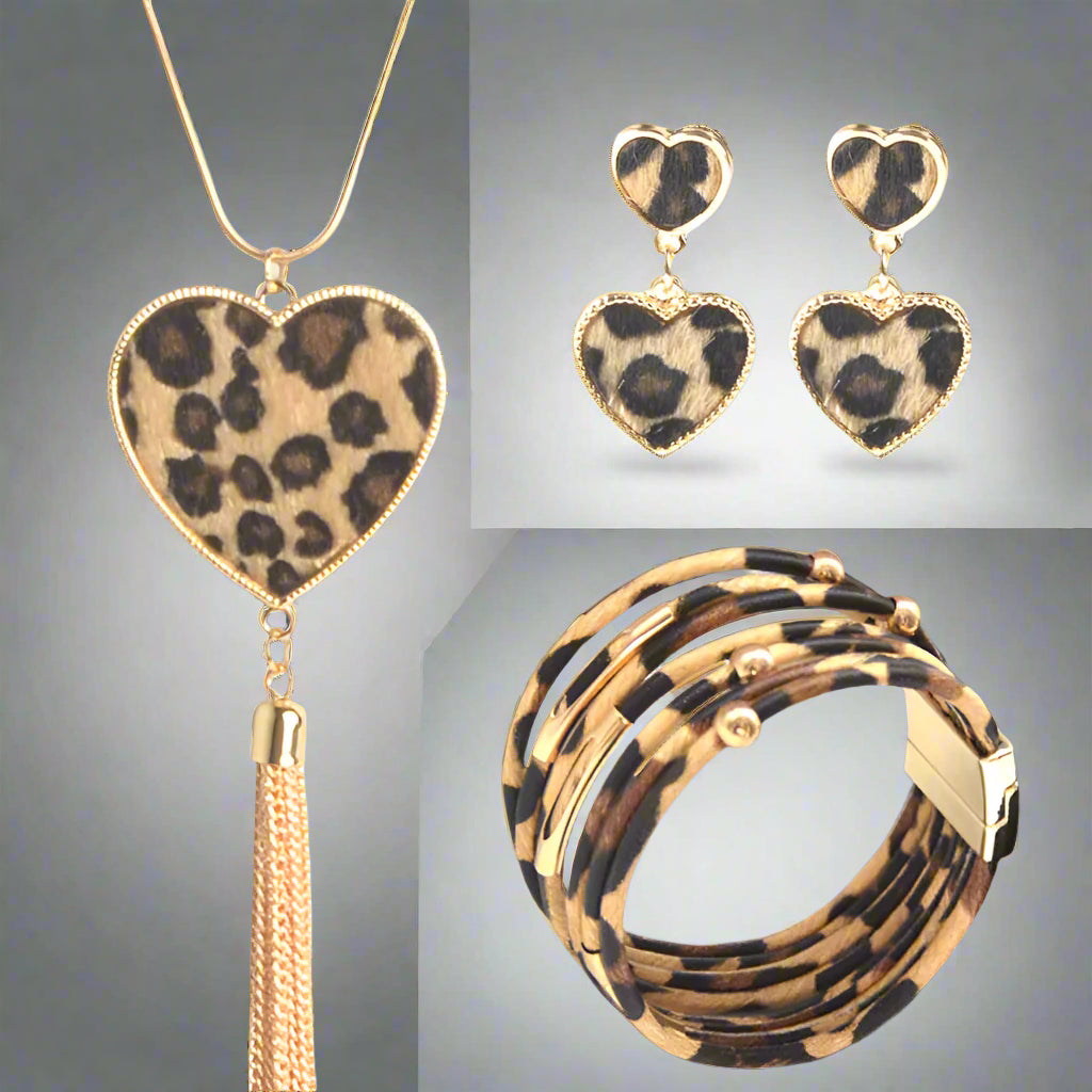 3 Pcs Leather Cuff Leopard Heart Shape Set | 3 Pieces Jewelry Set | Leather Heart Necklace | Necklace and Bracelet Set
