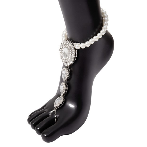 4 Large Crystal Barefoot Bridal Jewelry - Footless Pearl Beach Wedding Sandals