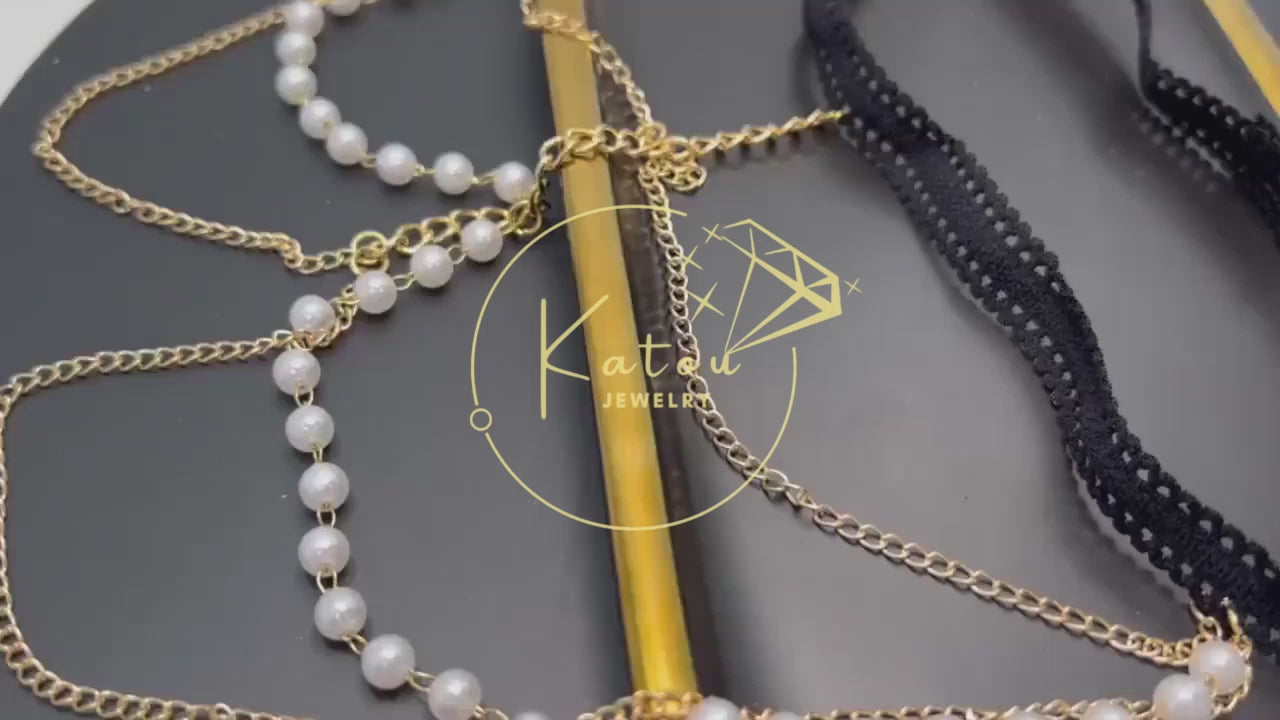 3 Layered Pearl Leg Chain - Bohemian Layered Pearl Chain - Bikini Beach Body Jewelry