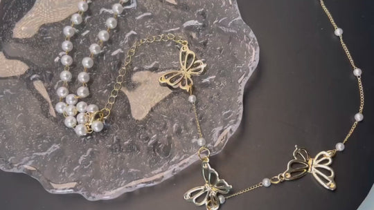 Pearl & Butterfly Backdrop Necklace - Crystal Backdrop Necklace - Butterfly Chain