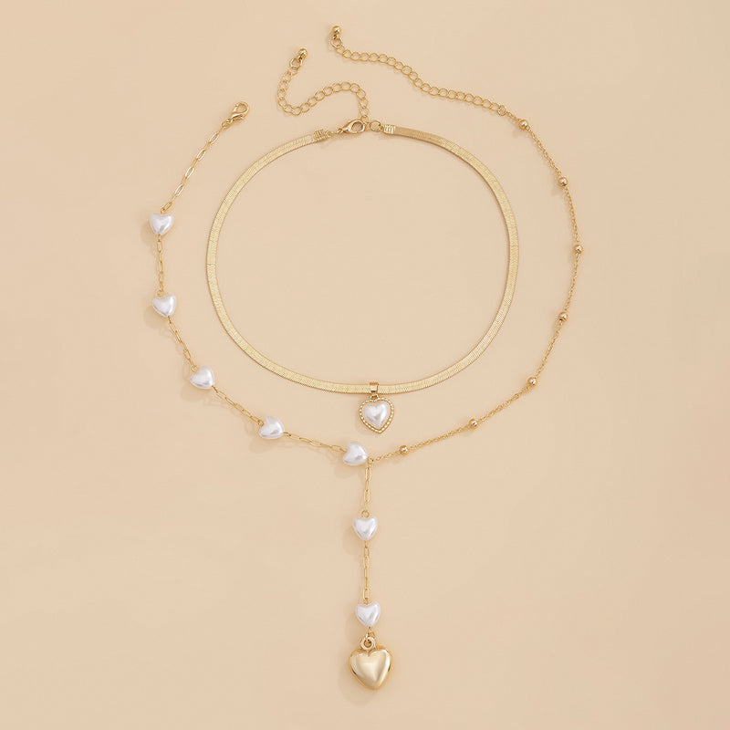 Double Layered Heart Y Necklace | Multi-Layer Love Heart Necklaces | Layered Heart Y Necklace | Love Heart Pendant 2pcs/Set